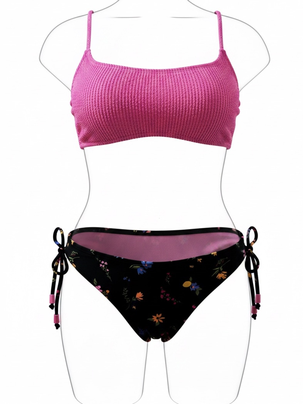 Salt + Cove Pink Textured Floral black Bikini Set side tie bottoms‎ Size Large